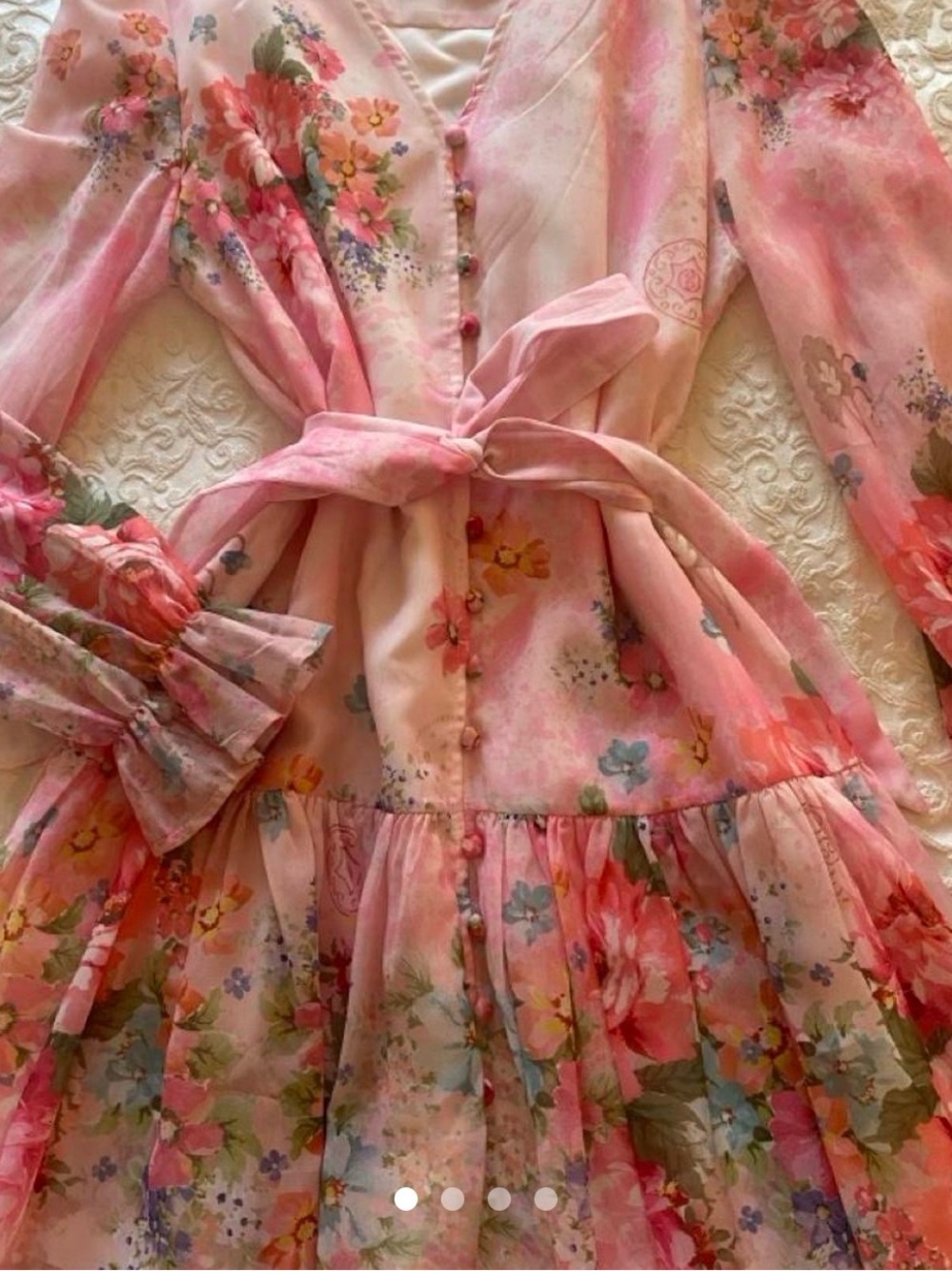 Dalia Macphee Pink Floral Tie-Waist Tiered Dress